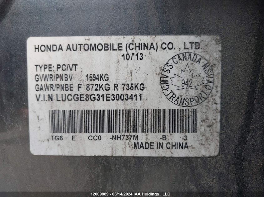 2014 Honda Fit VIN: LUCGE8G31E3003411 Lot: 12009889