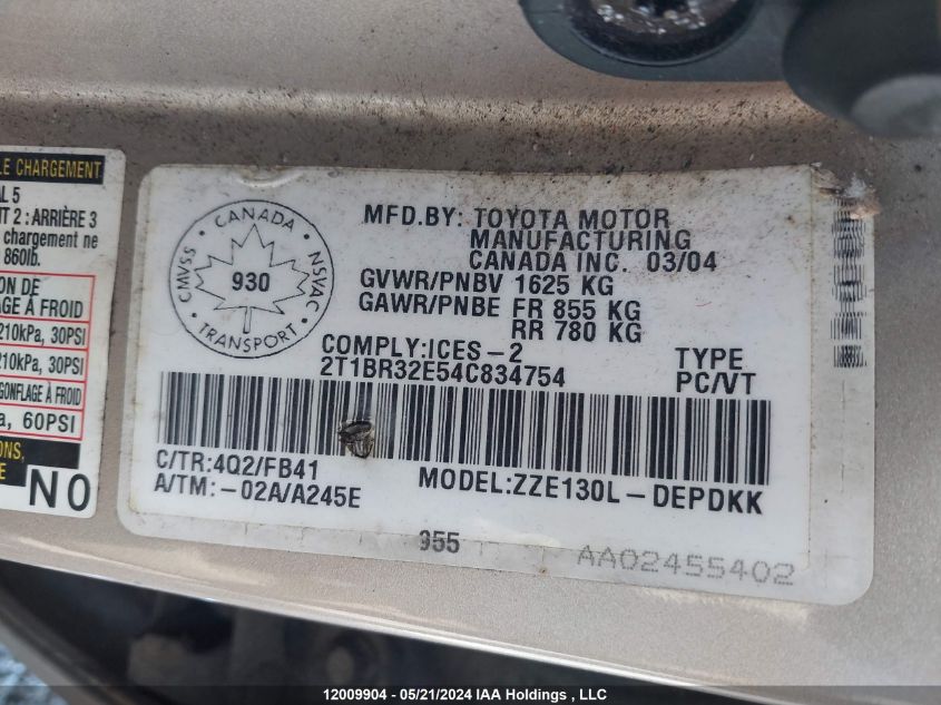 2004 Toyota Corolla Ce/Le/Sport VIN: 2T1BR32E54C834754 Lot: 12009904