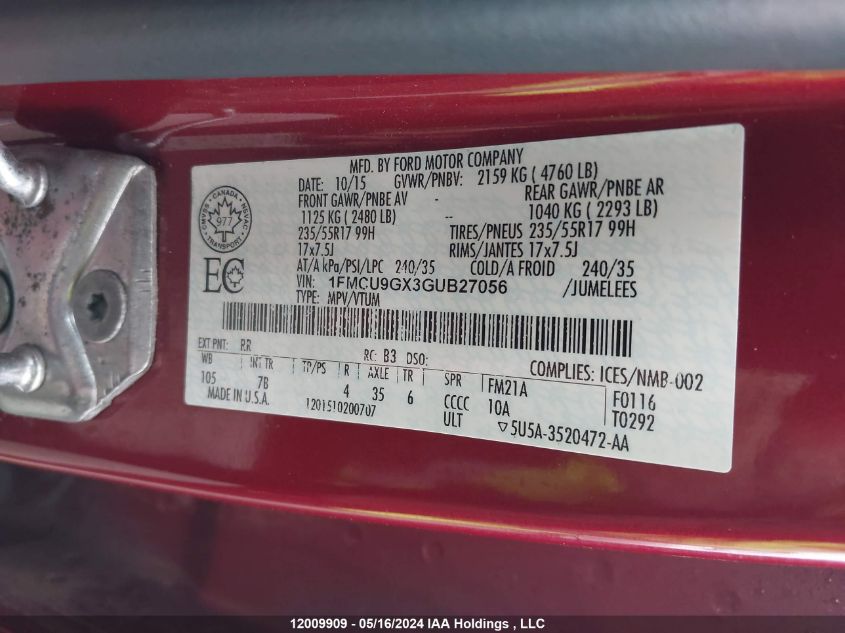 2016 Ford Escape Se VIN: 1FMCU9GX3GUB27056 Lot: 12009909