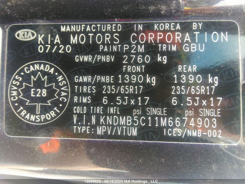 2021 Kia Sedona Lx VIN: KNDMB5C11M6674903 Lot: 12009925