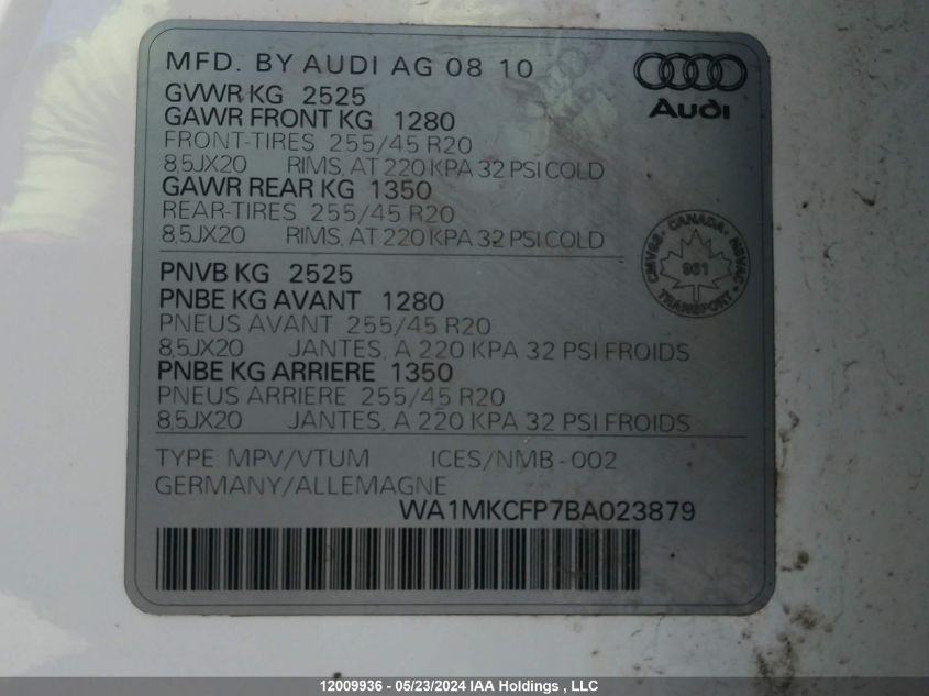 2011 Audi Q5 VIN: WA1MKCFP7BA023879 Lot: 12009936