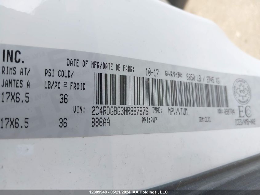 2017 Dodge Grand Caravan Cvp/Sxt VIN: 2C4RDGBG3HR867876 Lot: 12009940