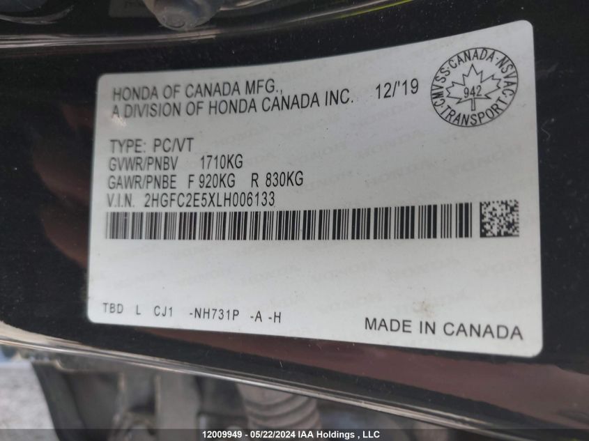 2020 Honda Civic Sedan VIN: 2HGFC2E5XLH006133 Lot: 12009949