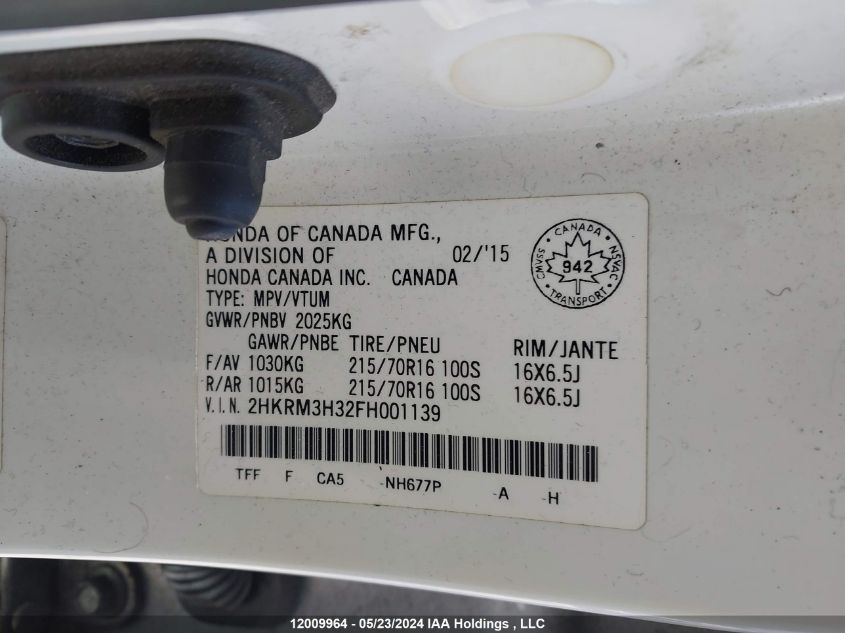 2015 Honda Cr-V VIN: 2HKRM3H32FH001139 Lot: 12009964
