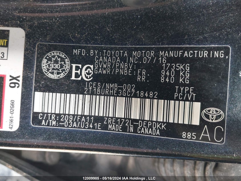 2016 Toyota Corolla Ce/Le/S VIN: 2T1BURHE3GC718482 Lot: 12009985