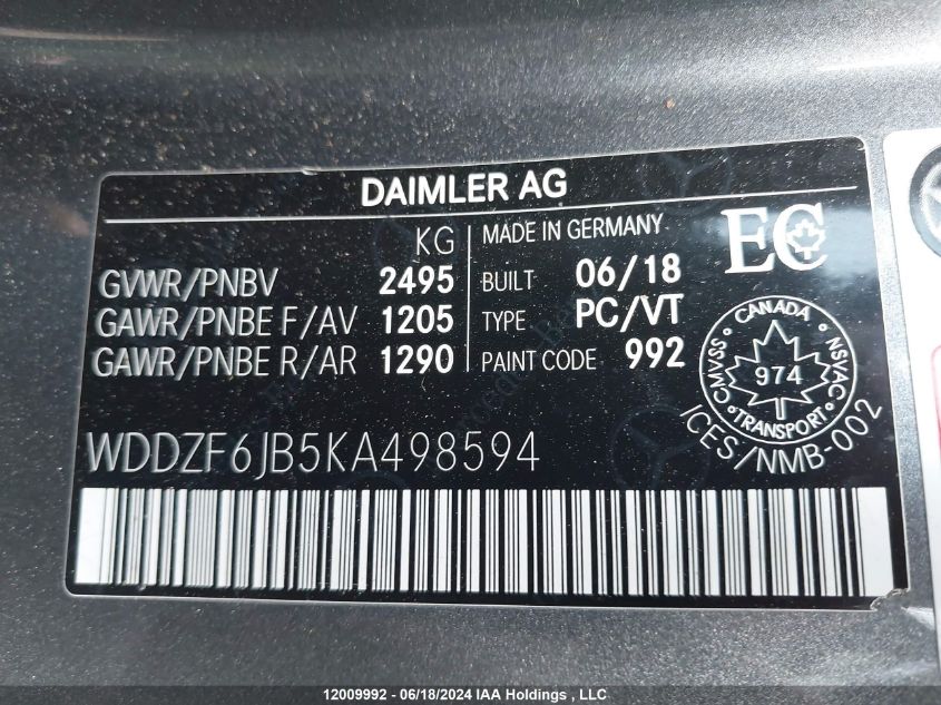 2019 Mercedes-Benz E-Class VIN: WDDZF6JB5KA498594 Lot: 12009992