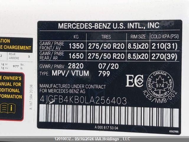 2020 Mercedes-Benz Gle-Class VIN: 4JGFB4KB0LA256403 Lot: 12010037