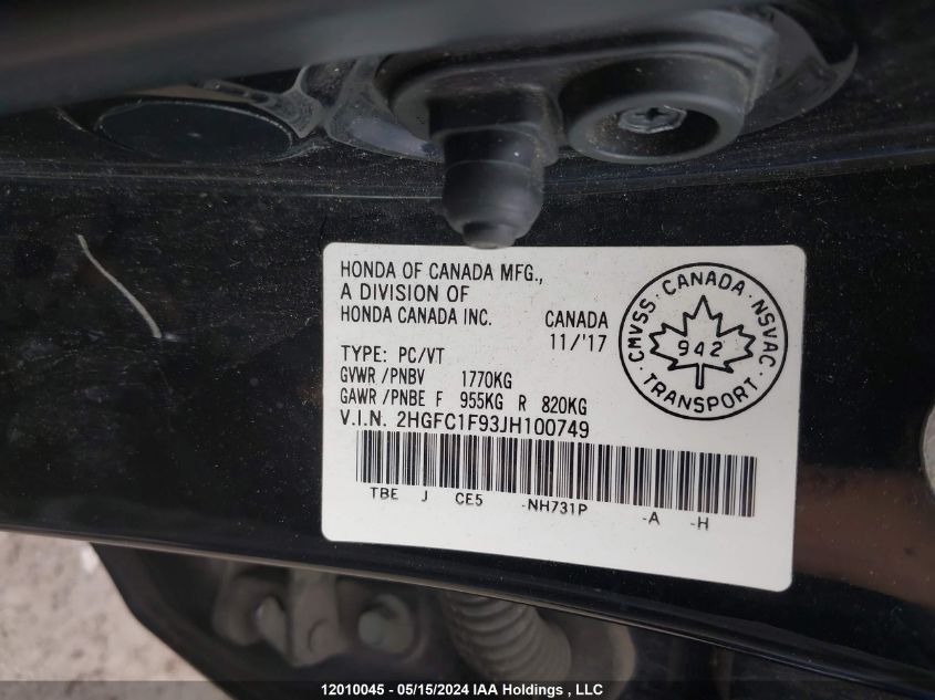 2018 Honda Civic Sedan VIN: 2HGFC1F93JH100749 Lot: 12010045