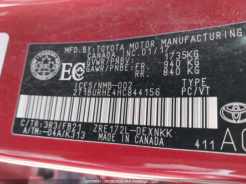 2017 Toyota Corolla L/Le/Xle/Se/Xse VIN: 2T1BURHE4HC844156 Lot: 12010051