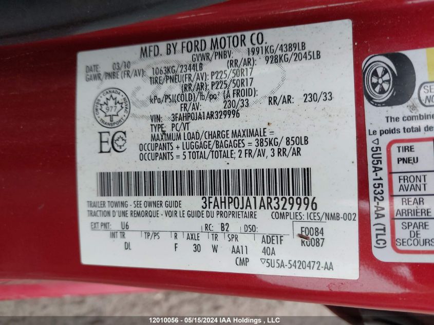 2010 Ford Fusion Sel VIN: 3FAHP0JA1AR329996 Lot: 12010056