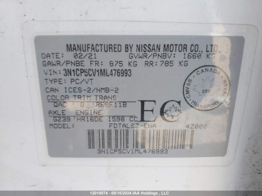 2021 Nissan Kicks VIN: 3N1CP5CV1ML476993 Lot: 12010074