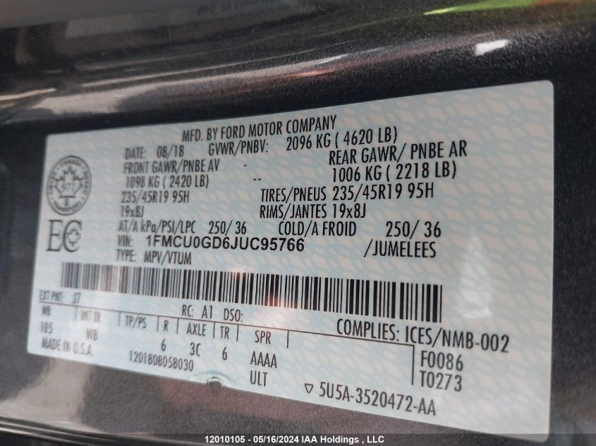 2018 Ford Escape Se VIN: 1FMCU0GD6JUC95766 Lot: 12010105