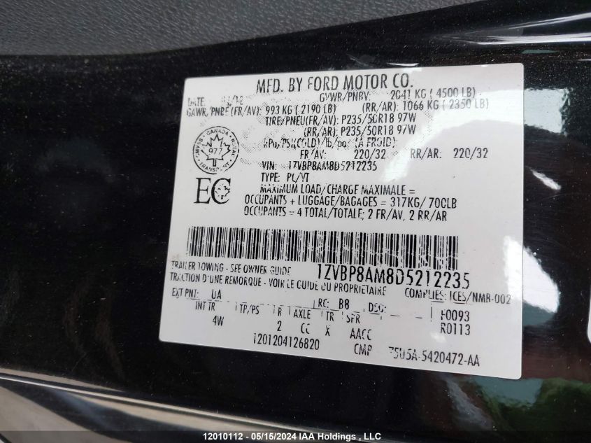 2013 Ford Mustang VIN: 1ZVBP8AM8D5212235 Lot: 12010112