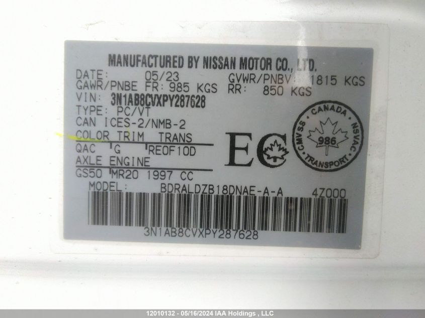 2023 Nissan Sentra VIN: 3N1AB8CVXPY287628 Lot: 12010132