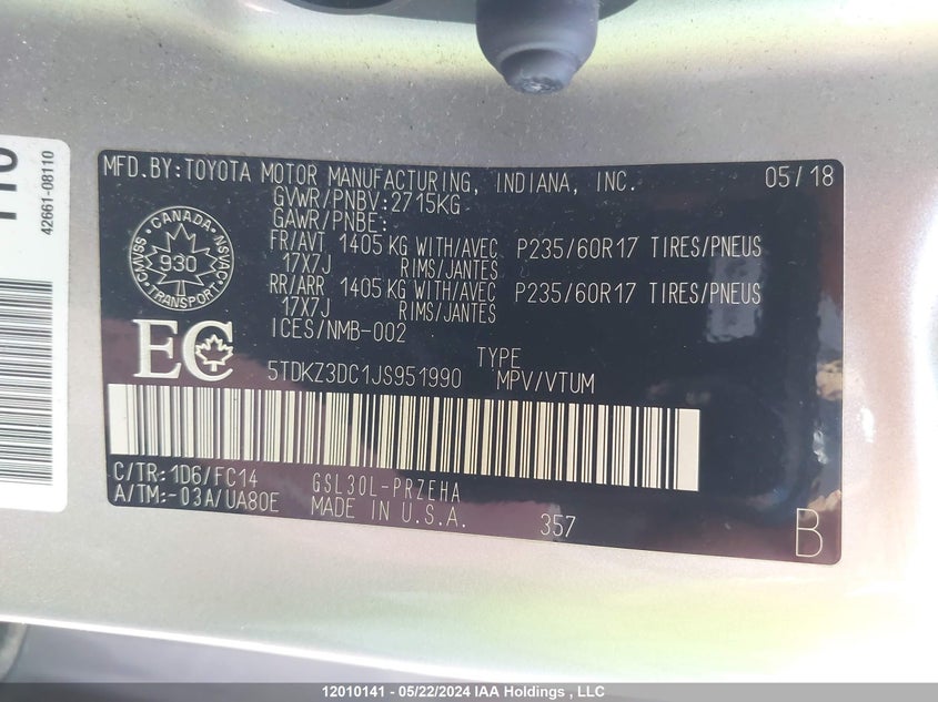 2018 Toyota Sienna Le VIN: 5TDKZ3DC1JS951990 Lot: 12010141