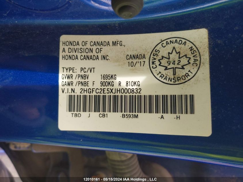 2018 Honda Civic Sedan VIN: 2HGFC2E5XJH000832 Lot: 12010161