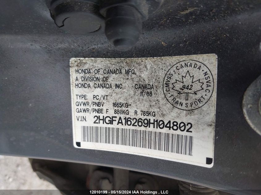 2009 Honda Civic Dx VIN: 2HGFA16269H104802 Lot: 12010199