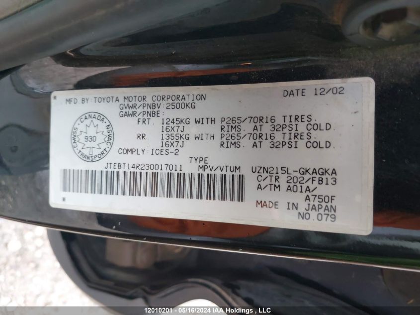 2003 Toyota 4Runner VIN: JTEBT14R230017011 Lot: 12010201