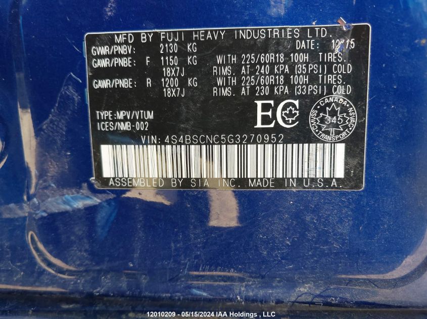 2016 Subaru Outback VIN: 4S4BSCNC5G3270952 Lot: 12010209