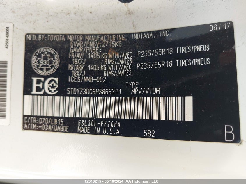 2017 Toyota Sienna Limited 7-Passenger VIN: 5TDYZ3DC6HS866311 Lot: 12010215