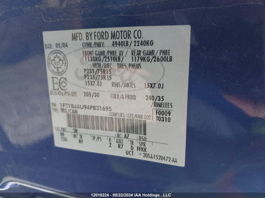 2004 Ford Ranger Super Cab VIN: 1FTYR44U94PB31695 Lot: 12010224