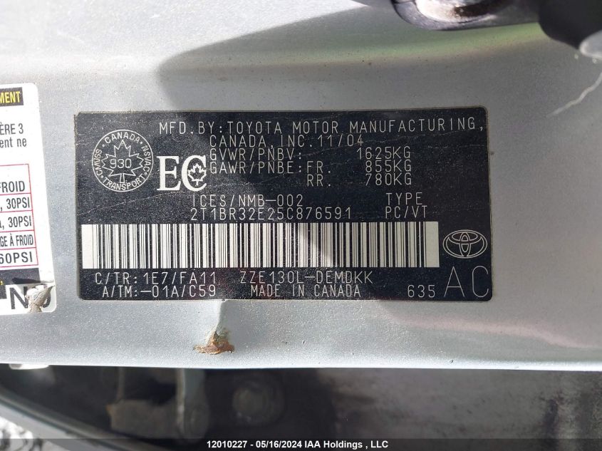 2005 Toyota Corolla Ce/Le/S VIN: 2T1BR32E25C876591 Lot: 12010227