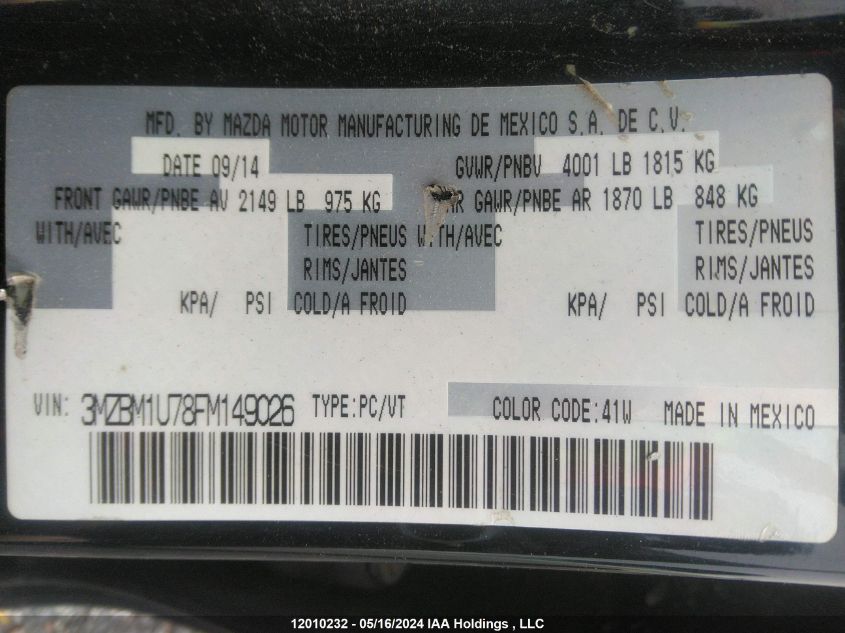 2015 Mazda 3 Sport VIN: 3MZBM1U78FM149026 Lot: 12010232