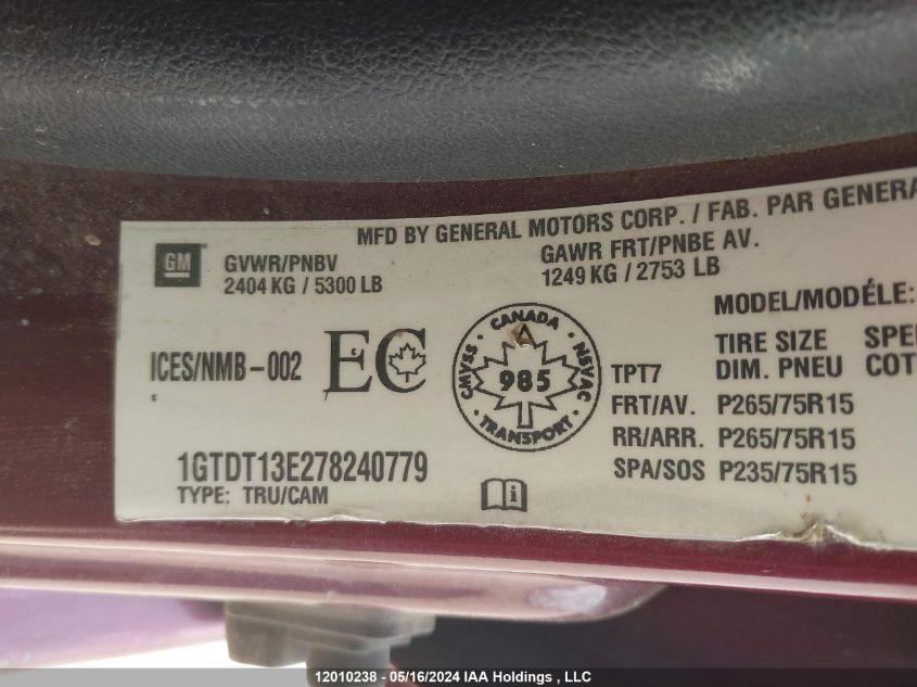 2007 GMC Canyon VIN: 1GTDT13E278240779 Lot: 12010238