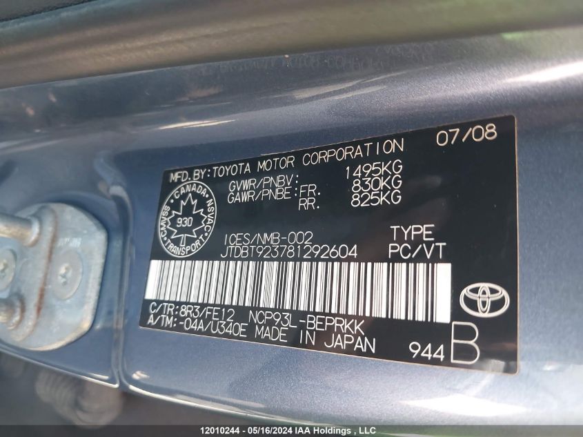 2008 Toyota Yaris VIN: JTDBT923781292604 Lot: 12010244