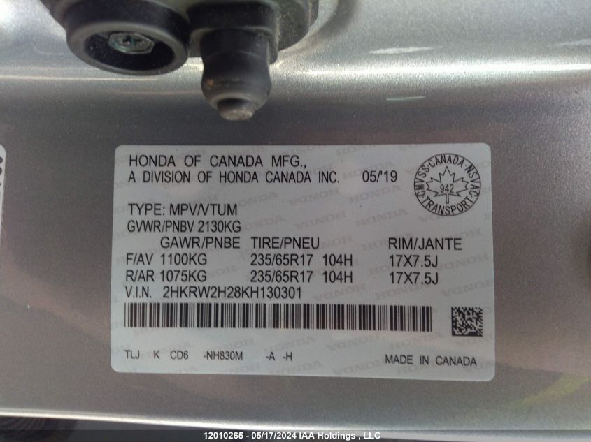 2019 Honda Cr-V VIN: 2HKRW2H28KH130301 Lot: 12010265
