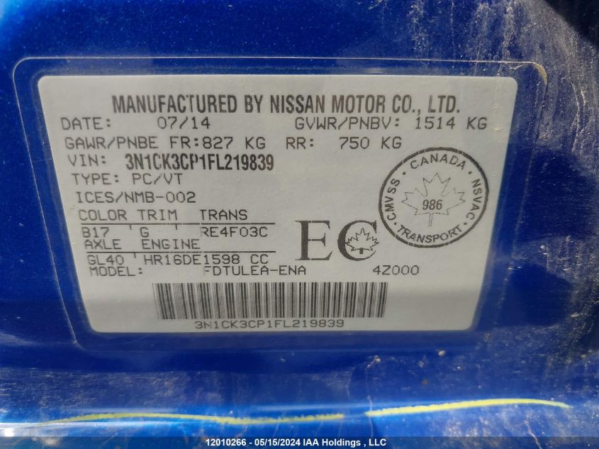 2015 Nissan Micra VIN: 3N1CK3CP1FL219839 Lot: 12010266