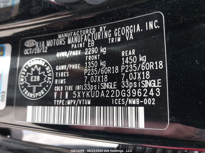 2013 Kia Sorento VIN: 5XYKUDA22DG396243 Lot: 12010289