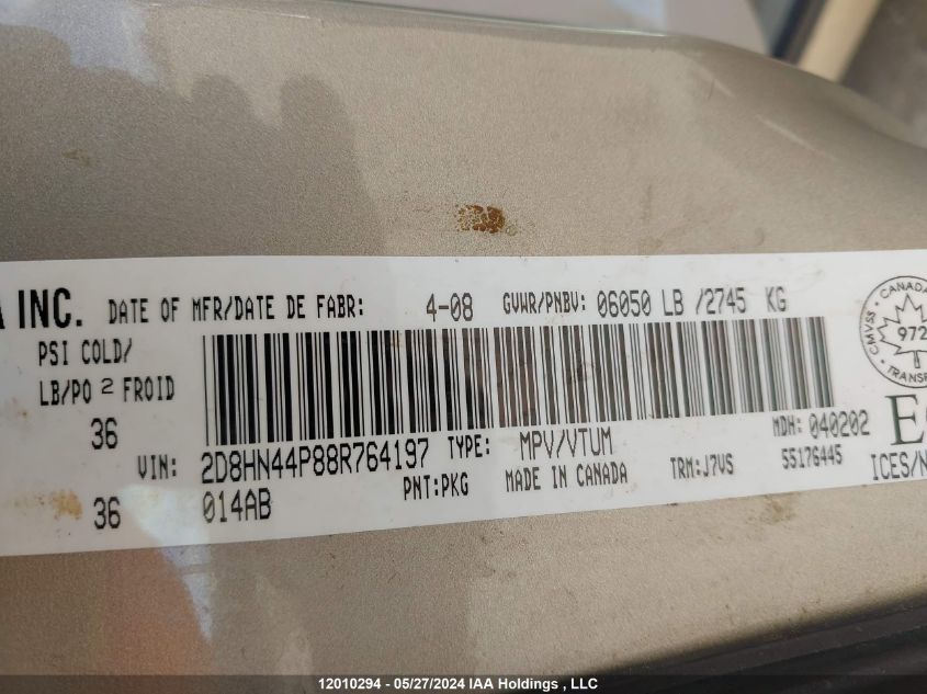 2008 Dodge Grand Caravan Se VIN: 2D8HN44P88R764197 Lot: 12010294
