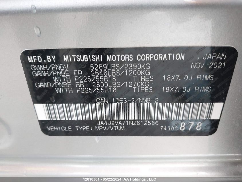 2022 Mitsubishi Outlander Phev VIN: JA4J2VA71NZ612566 Lot: 12010301