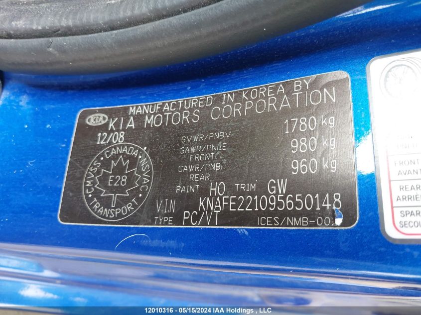 2009 Kia Spectra VIN: KNAFE221095650148 Lot: 12010316