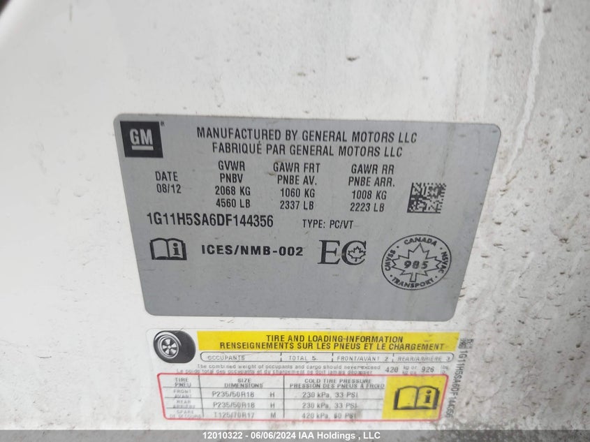 2013 Chevrolet Malibu VIN: 1G11H5SA6DF144356 Lot: 12010322