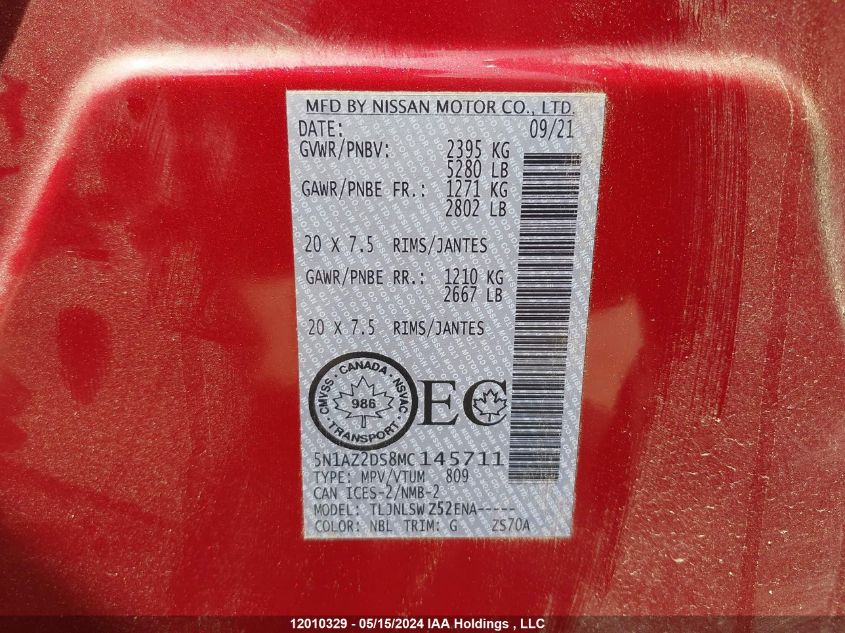2021 Nissan Murano VIN: 5N1AZ2DS8MC145711 Lot: 12010329
