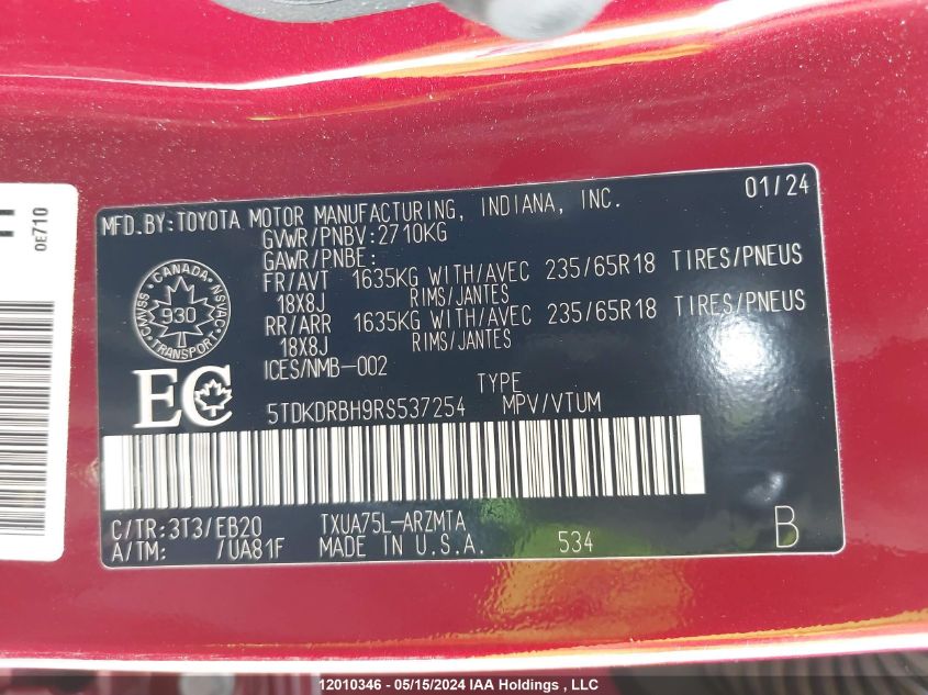 2024 Toyota Highlander Limited/Xle/Xse VIN: 5TDKDRBH9RS537254 Lot: 12010346