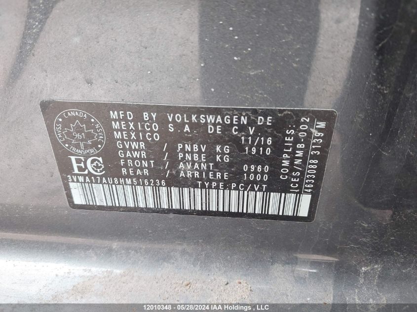 2017 Volkswagen Golf Sportwagen VIN: 3VWA17AU8HM516236 Lot: 12010348