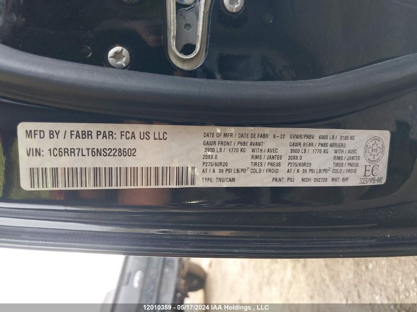 2022 Ram 1500 Classic Slt VIN: 1C6RR7LT6NS228602 Lot: 12010359