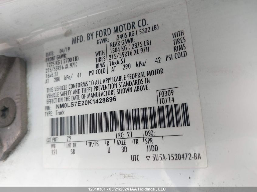 2019 Ford Transit Connect Xl VIN: NM0LS7E20K1428896 Lot: 12010361