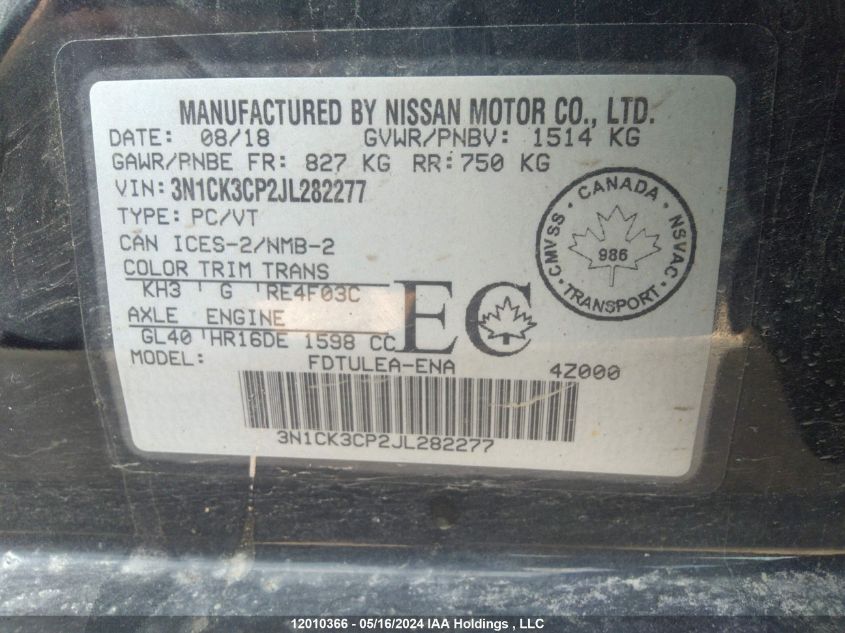 2018 Nissan Micra VIN: 3N1CK3CP2JL282277 Lot: 12010366