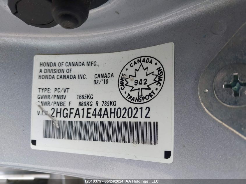 2010 Honda Civic Sdn VIN: 2HGFA1E44AH020212 Lot: 12010375