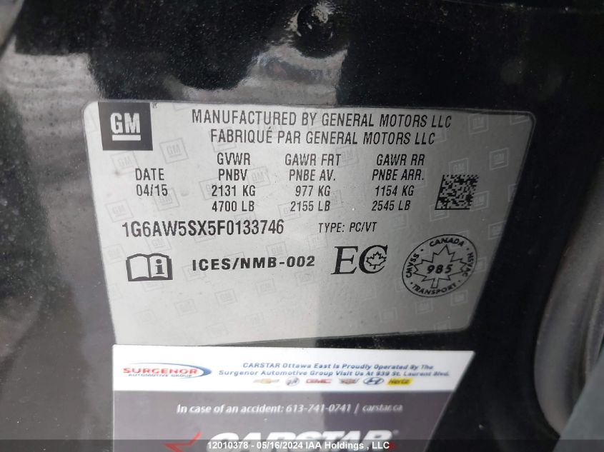 2015 Cadillac Cts VIN: 1G6AW5SX5F0133746 Lot: 12010378