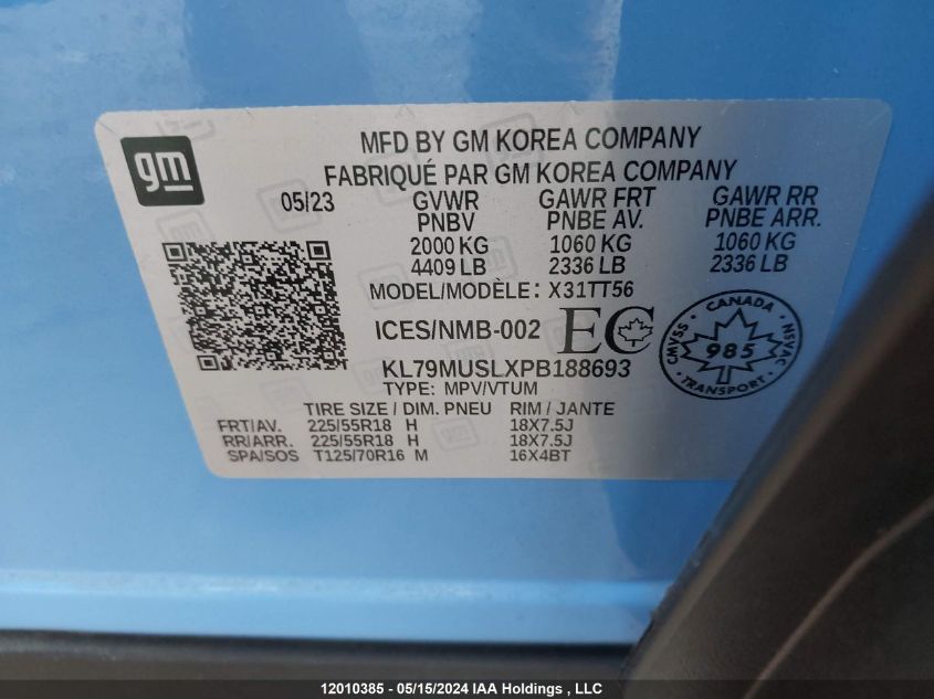 2023 Chevrolet Trailblazer VIN: KL79MUSLXPB188693 Lot: 12010385