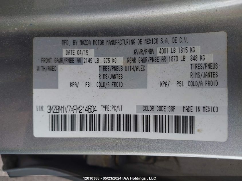 2015 Mazda Mazda3 VIN: 3MZBM1V7XFM214604 Lot: 12010388