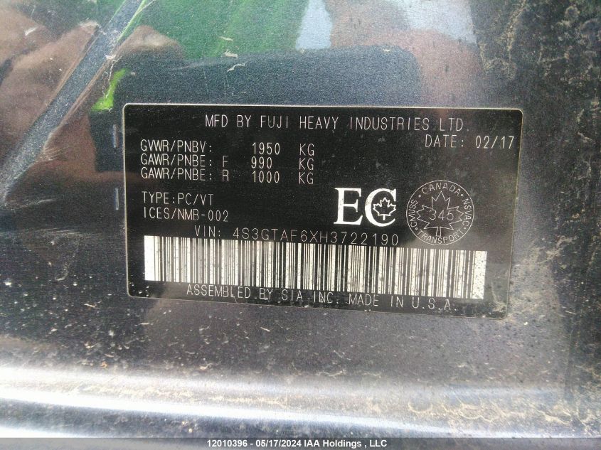 2017 Subaru Impreza VIN: 4S3GTAF6XH3722190 Lot: 12010396