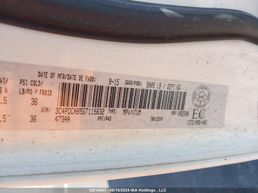 2016 Dodge Journey Se VIN: 3C4PDCAB5GT115632 Lot: 12010401