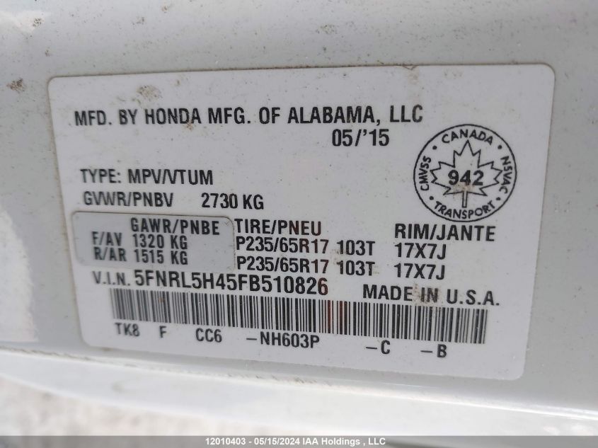 2015 Honda Odyssey VIN: 5FNRL5H45FB510826 Lot: 12010403