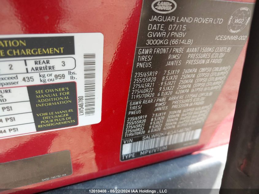 2016 Land Rover Range Rover Sport VIN: SALWR2KF4GA546780 Lot: 12010408